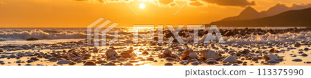 A rocky beach and the ocean at sunset 113375990