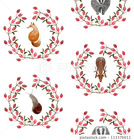 Stag, fox, badger, snail rose-hip wreath watercolor seamless pattern isolated on white Stag, fox, badger, snail rose-hip wreath watercolor seamless pattern isolated on white 113376011