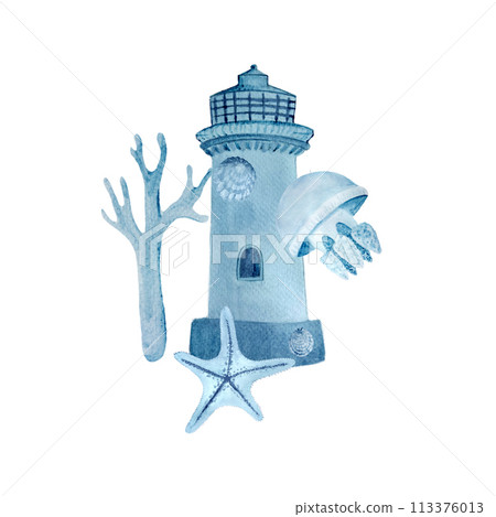 Watercolor monochromatic lighthouse, starfish and a jellyfish composition in monochromatic blue 113376013