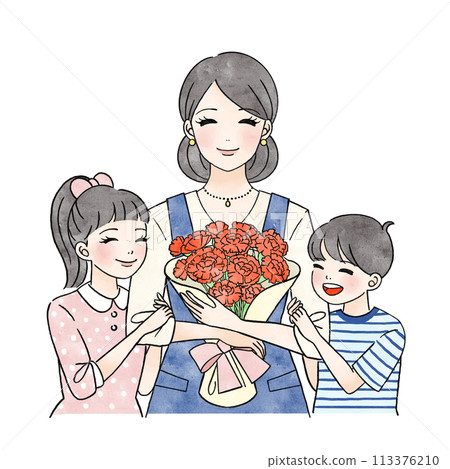 Illustration of a mother receiving a bouquet of carnations for Mother's Day from her children 113376210
