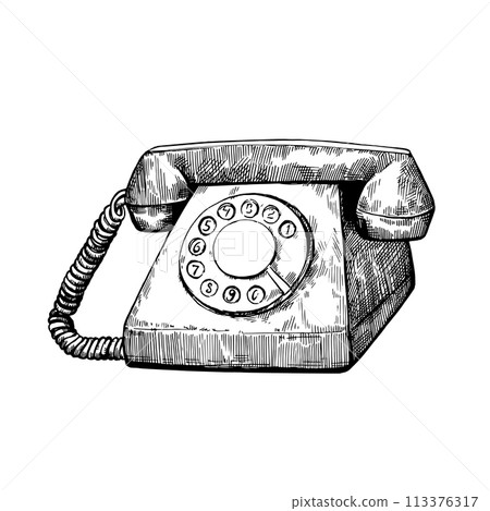 Retro telephone in vintage engraving style. Vector hand drawn illustration isolated on white background Retro telephone in vintage engraving style. Vector hand drawn illustration isolated on white background 113376317