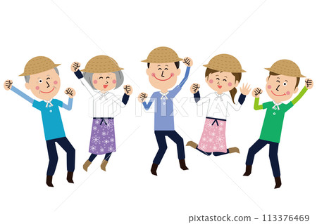 Five pop farm boys and girls jumping energetically 113376469