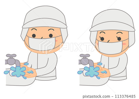 Set of male and female food processing workers washing their hands, upper body 113376485
