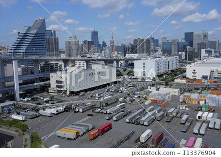東京灣北側港口碼頭的景色。 東京灣北側港口碼頭的景色。 113376904