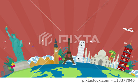 各國及地球世界遺產裝飾的旅遊廣告背景範本（紅色） 113377046