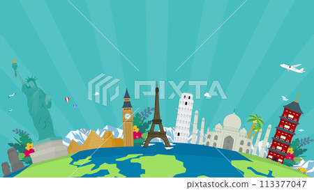 Travel advertising background template (blue) decorated with world heritage sites of each country and the globe 113377047