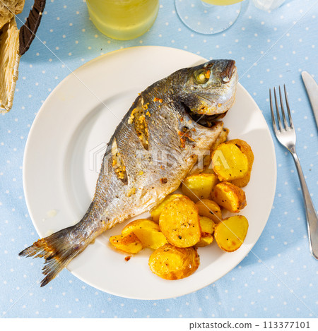 Roasted dorada served on plate with baked potatoes Roasted dorada served on plate with baked potatoes 113377101