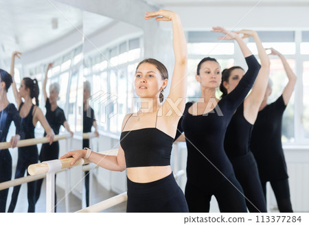 Girl practicing battement tendu at barre during ballet class Girl practicing battement tendu at barre during ballet class 113377284