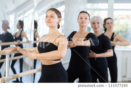 Group of women perform plie at ballet barre 113377295