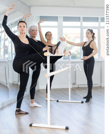 Students of dance studio perform exercises under supervision of middle-aged female coach. Students of dance studio perform exercises under supervision of middle-aged female coach. 113377390