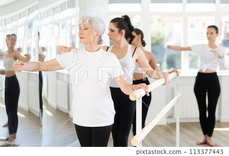 Group of ballet dancers learn new moves under the guidance of an experienced choreographer Group of ballet dancers learn new moves under the guidance of an experienced choreographer 113377443