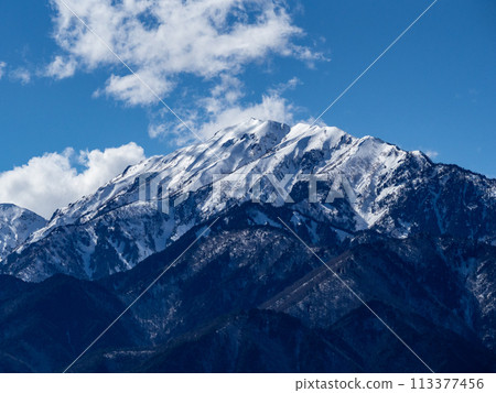 Distant view of Mount Renge in the Northern Alps and Omachi city 113377456
