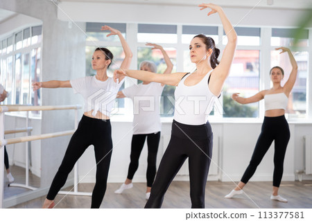 Woman practicing basic movements during group ballet class 113377581