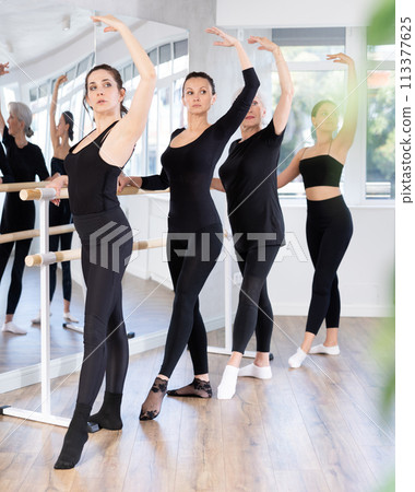 Girls in ballet class perform Batman with participation of mature female mentor 113377625