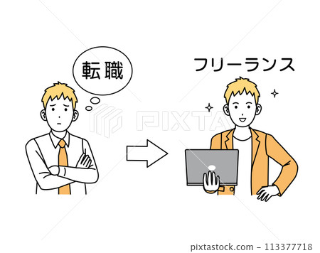 Illustration of a man who is worried about changing jobs and becomes a freelancer from an office worker 113377718