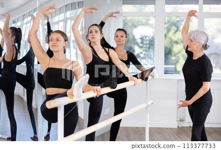 Graceful girl mastering developpe at barre in ballet class Graceful girl mastering developpe at barre in ballet class 113377733