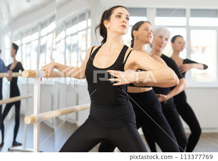 Fit brunette practicing demi plie at barre at ballet class Fit brunette practicing demi plie at barre at ballet class 113377769