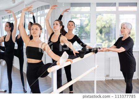 Group of female ballet dancers learn grand batman under guidance of an experienced choreographer Group of female ballet dancers learn grand batman under guidance of an experienced choreographer 113377785