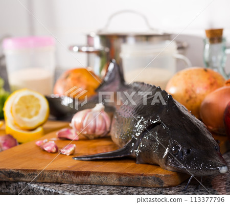 Raw uncooked fish sturgeon at plate before preparing Raw uncooked fish sturgeon at plate before preparing 113377796