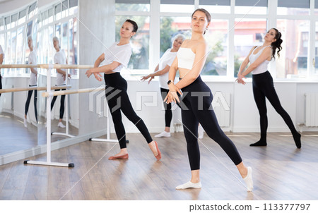 Graceful women of different ages practice various ballet movements in choreographic studio Graceful women of different ages practice various ballet movements in choreographic studio 113377797