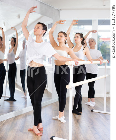 Group of female ballerinas standing in fifth position ballet pose in fitness room 113377798