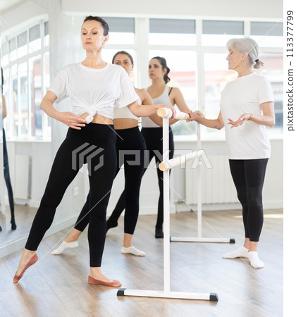Group of ballet dancers learn new moves under the guidance of an experienced choreographer 113377799