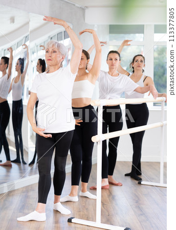 Girls in ballet class perform forth position with participation of mature female mentor Girls in ballet class perform forth position with participation of mature female mentor 113377805