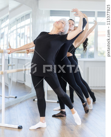 Senior woman performing battement tendu at barre during group rehearsal Senior woman performing battement tendu at barre during group rehearsal 113377825
