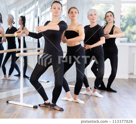 Female ballet trainer teaching group of dancers near ballet barre in dancing studio 113377826