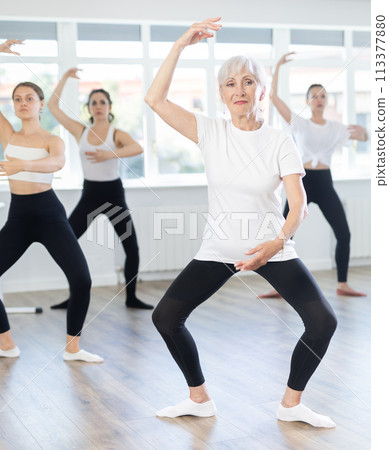 Elderly woman practicing basic movements in ballet class 113377880