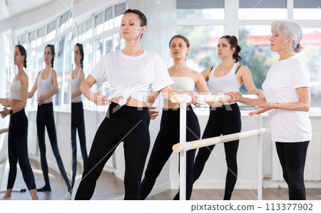 Woman performing battement tendu during barre fitness session Woman performing battement tendu during barre fitness session 113377902