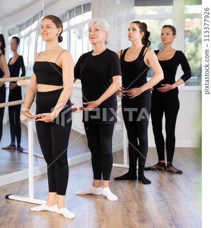 Group of women stand in position at ballet barre 113377926