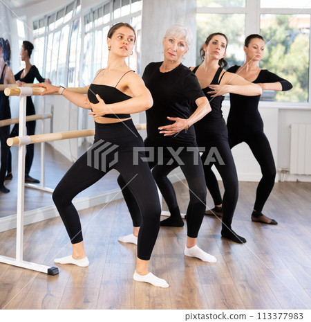 Women stand in fifth position near ballet barre during group training in dance studio 113377983
