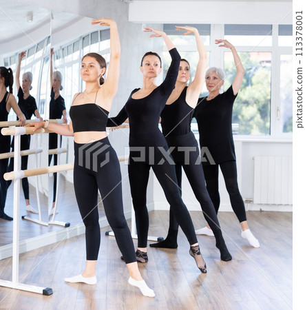 Group of women practicing at ballet barre 113378001