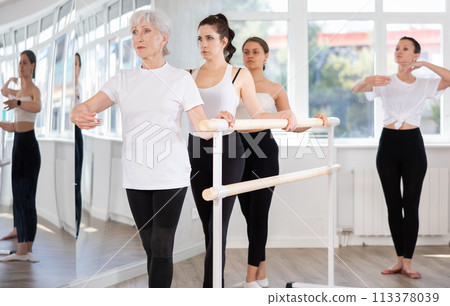 Elderly woman practicing ballet moves at barre during group class Elderly woman practicing ballet moves at barre during group class 113378039