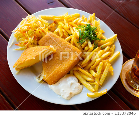 Fried cheese with french fries Fried cheese with french fries 113378040