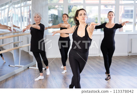 Woman practicing basic movements during group ballet class Woman practicing basic movements during group ballet class 113378042