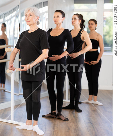 Group of women stand in position at ballet barre 113378095