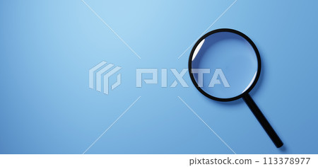 Magnifying glass on a light blue background. copy space. 3D (overhead view) (horizontal) 113378977