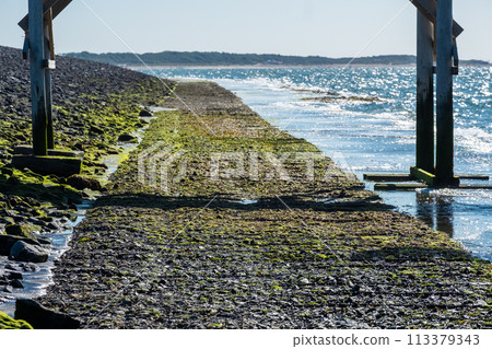 Coastal Pathway with Pier Pillars Overlooking Sea Coastal Pathway with Pier Pillars Overlooking Sea 113379343