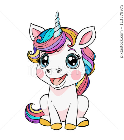 Cute sitting smiling baby unicorn with colorful mane and tail, fantasy pony character, magical animal for stickers, prints. Magic children's cartoon vector poster. 113379975