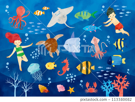 Watercolor sea creatures illustration set 113380082