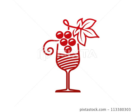 Grape wine icon, vector grapevine forming grapes cluster with berries and leaf in the wineglass. Stylish red vintage label for bar or restaurant menu. Elegant, sophisticated alcohol beverage emblem 113380303