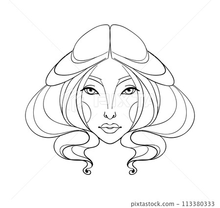 Beautiful female portrait icon, young woman s face, hand linear drawing, Virgo zodiac sign. Vector illustration isolated on white background, witch tattoo. 113380333