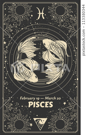 Pisces zodiac sign, vintage hand drawing, graphic modern astrology card, horoscope on black background with sun and moon. Element of water. Pisces zodiac sign, vintage hand drawing, graphic modern astrology card, horoscope on black background with sun and moon. Element of water. 113380344