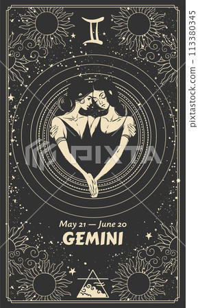 Astrological chart of the zodiac sign Gemini, two beautiful twin girls, air element, zodiac, mythology. Vector horoscope banner, mystical black star background in boho style. Astrological chart of the zodiac sign Gemini, two beautiful twin girls, air element, zodiac, mythology. Vector horoscope banner, mystical black star background in boho style. 113380345