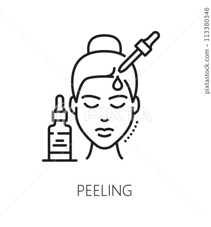 Face peeling icon for cosmetology and skincare or cosmetic product, line vector. Bottle and dropper with serum drop in outline icon for chemical peeling or face skincare treatment linear pictogram Face peeling icon for cosmetology and skincare or cosmetic product, line vector. Bottle and dropper with serum drop in outline icon for chemical peeling or face skincare treatment linear pictogram 113380346