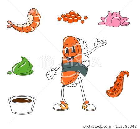 Cartoon Japanese groovy sushi character with vibrant salmon fish slice face and rice ball body. Vector funky Asian food personage bringing flavorful beats to culinary with fresh seafood ingredients Cartoon Japanese groovy sushi character with vibrant salmon fish slice face and rice ball body. Vector funky Asian food personage bringing flavorful beats to culinary with fresh seafood ingredients 113380348