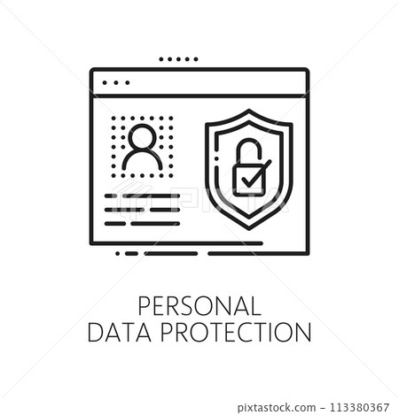 Personal data online protection and safety, fintech web technology outline icon. Network data safety fintech, personal information protection linear vector symbol with personal ID, shield and lock 113380367