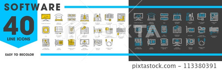 Software and hardware line icons of computer PC and laptop components, vector symbols. Digital software or computer hardware icon of CPU processor and HDD drive disk, SSD memory storage or motherboard Software and hardware line icons of computer PC and laptop components, vector symbols. Digital software or computer hardware icon of CPU processor and HDD drive disk, SSD memory storage or motherboard 113380391